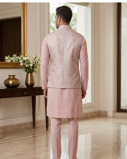 Blush Pink Floral Brocade Kurta Pajama Set with Jacket, Groom Wedding Nehru Bandi