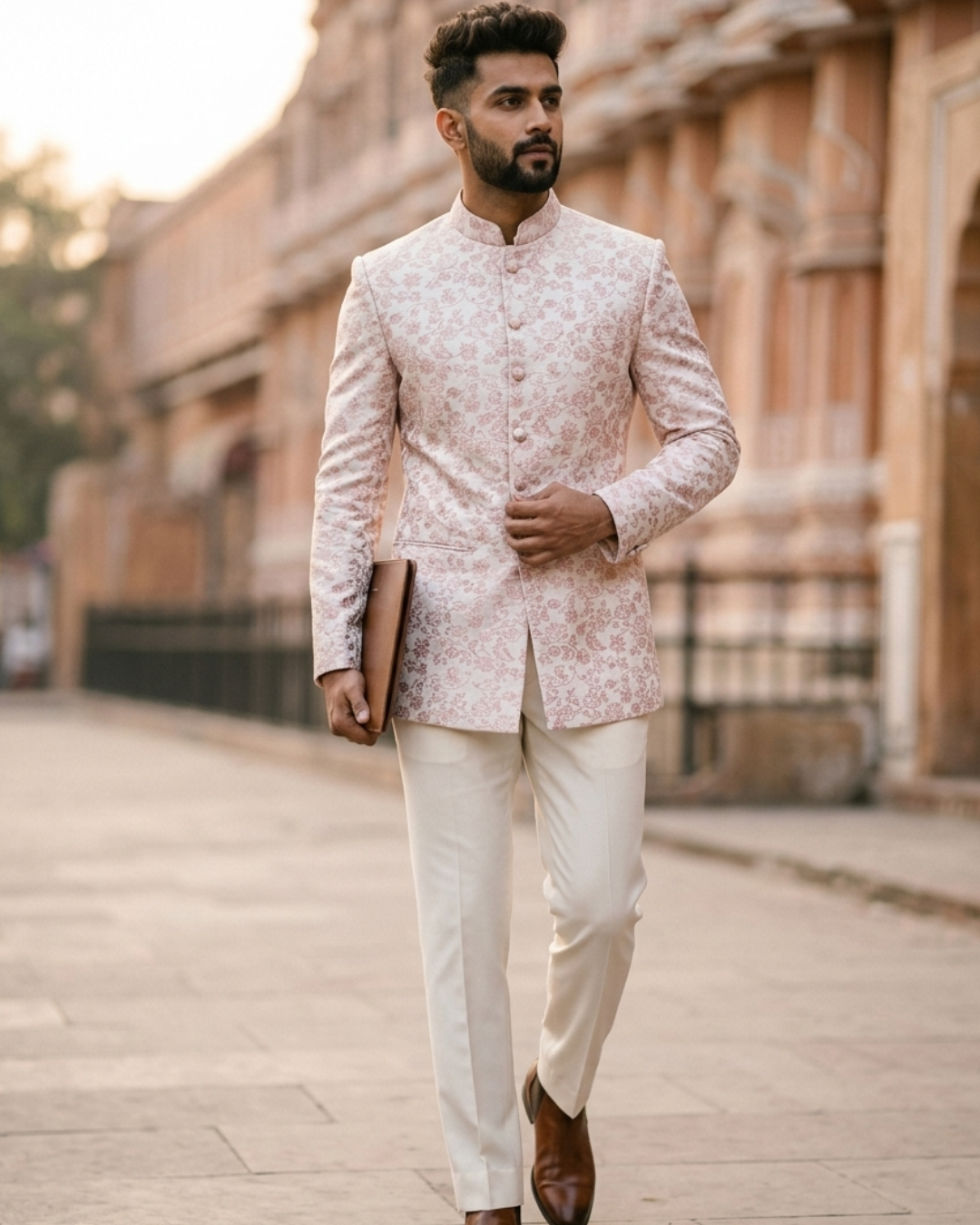 Blush Pink Bandhgala Jodhpuri Suit, Custom Tailored Premium Brocade Jacket for Prom