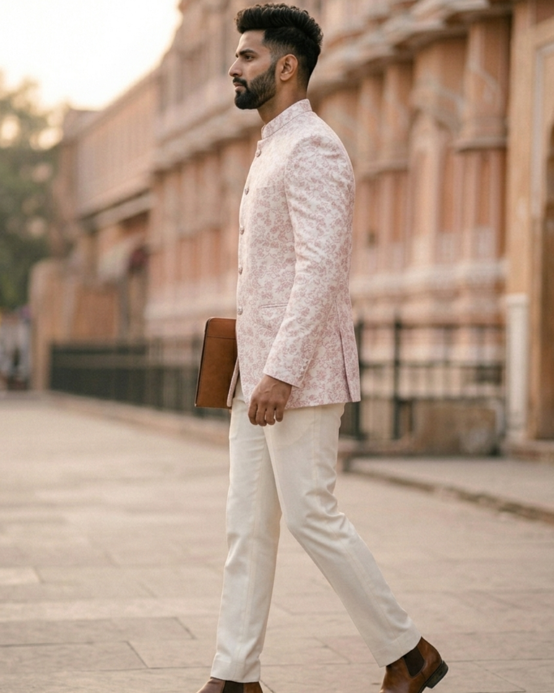 Blush Pink Bandhgala Jodhpuri Suit, Custom Tailored Premium Brocade Jacket for Prom