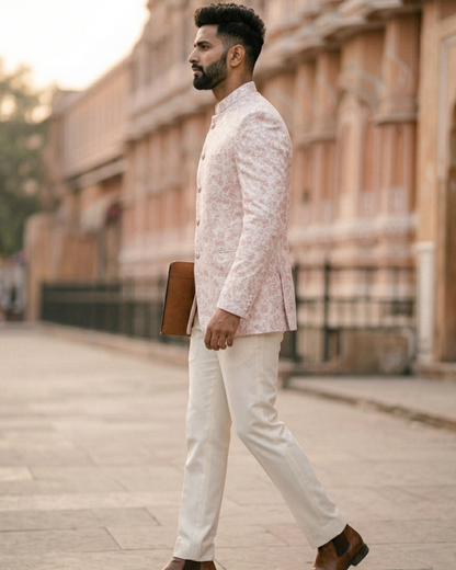 Blush Pink Bandhgala Jodhpuri Suit, Custom Tailored Premium Brocade Jacket for Prom