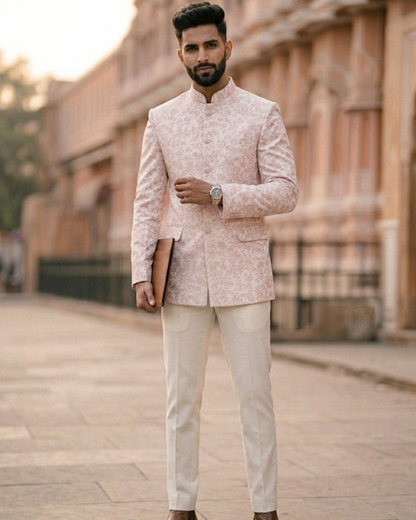 Blush Pink Bandhgala Jodhpuri Suit, Custom Tailored Premium Brocade Jacket for Prom