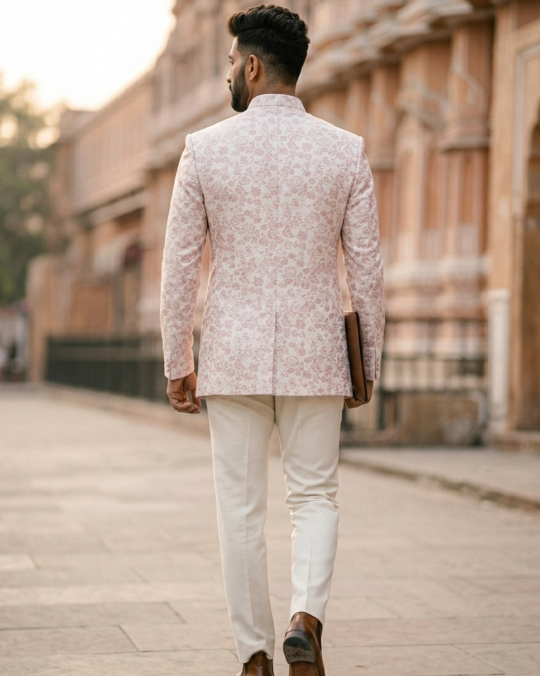 Blush Pink Bandhgala Jodhpuri Suit, Custom Tailored Premium Brocade Jacket for Prom