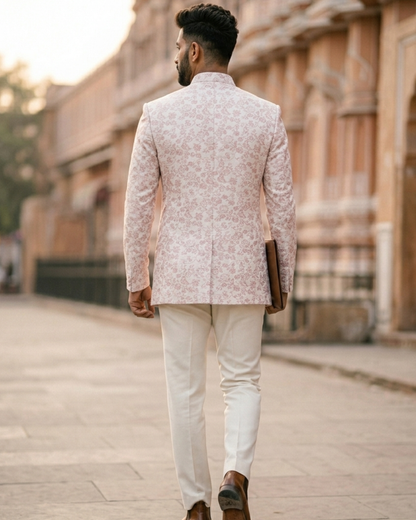 Blush Pink Bandhgala Jodhpuri Suit, Custom Tailored Premium Brocade Jacket for Prom