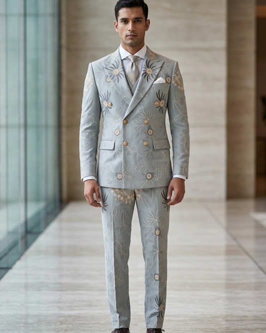 Ice Blue Double Breasted Luxury Wedding Suit for Men