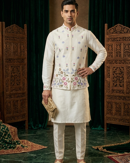 Ivory Wedding Groom Kurta Jacket Set, Bandhgala Nehru Jacket