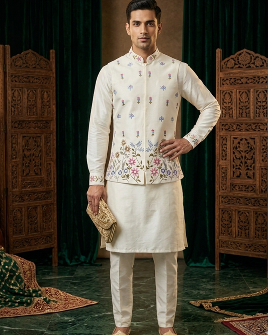 Ivory Wedding Groom Kurta Jacket Set, Bandhgala Nehru Jacket
