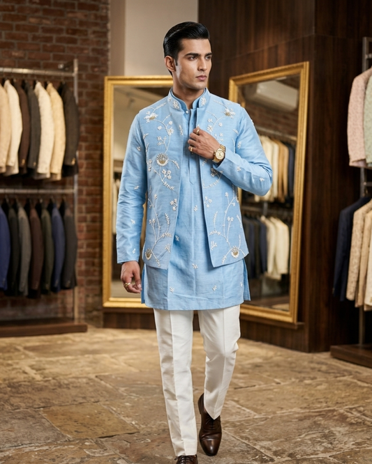 Powder Blue Elegant Groom Outfit: Embroidered Nehru Jacket Set with Kurta Pajama