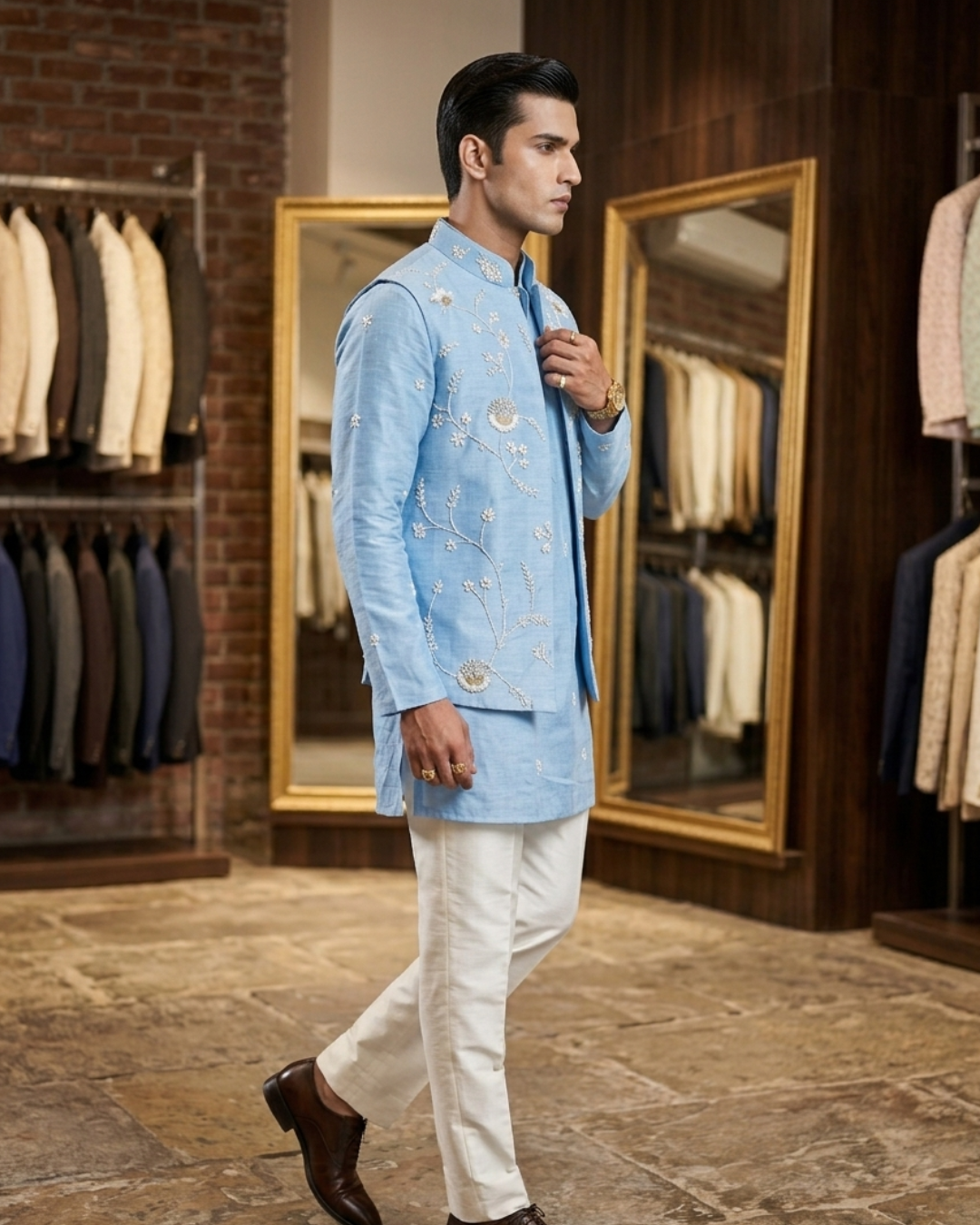 Powder Blue Elegant Groom Outfit: Embroidered Nehru Jacket Set with Kurta Pajama