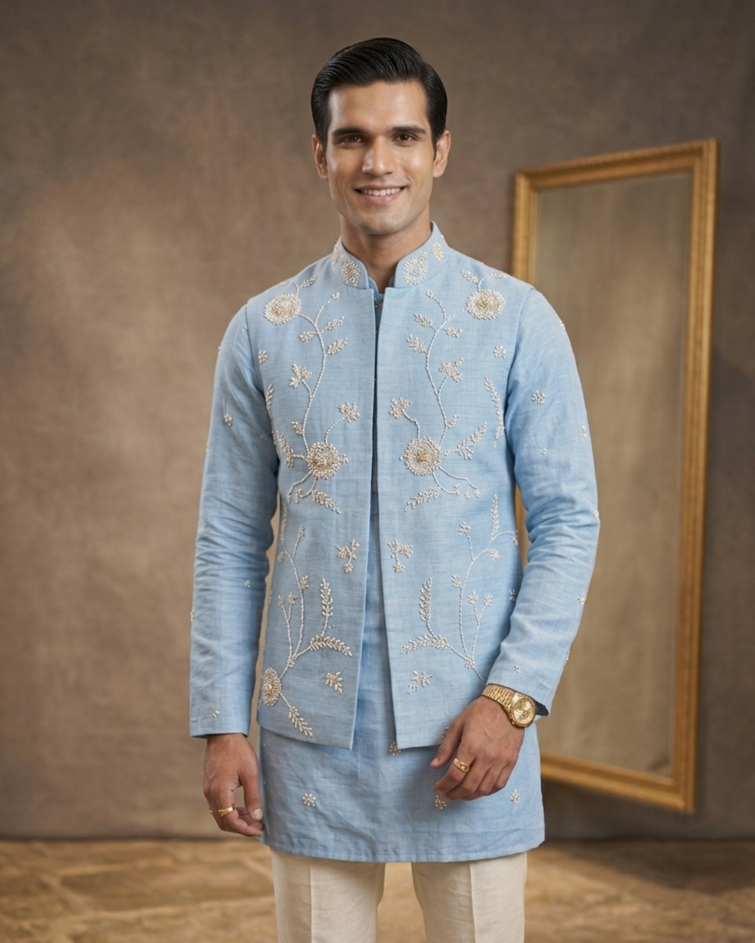 Powder Blue Elegant Groom Outfit: Embroidered Nehru Jacket Set with Kurta Pajama