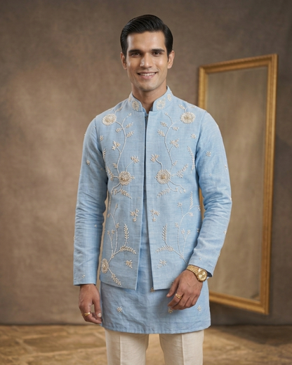 Powder Blue Elegant Groom Outfit: Embroidered Nehru Jacket Set with Kurta Pajama