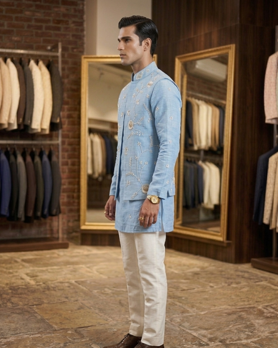 Powder Blue Elegant Groom Outfit: Embroidered Nehru Jacket Set with Kurta Pajama