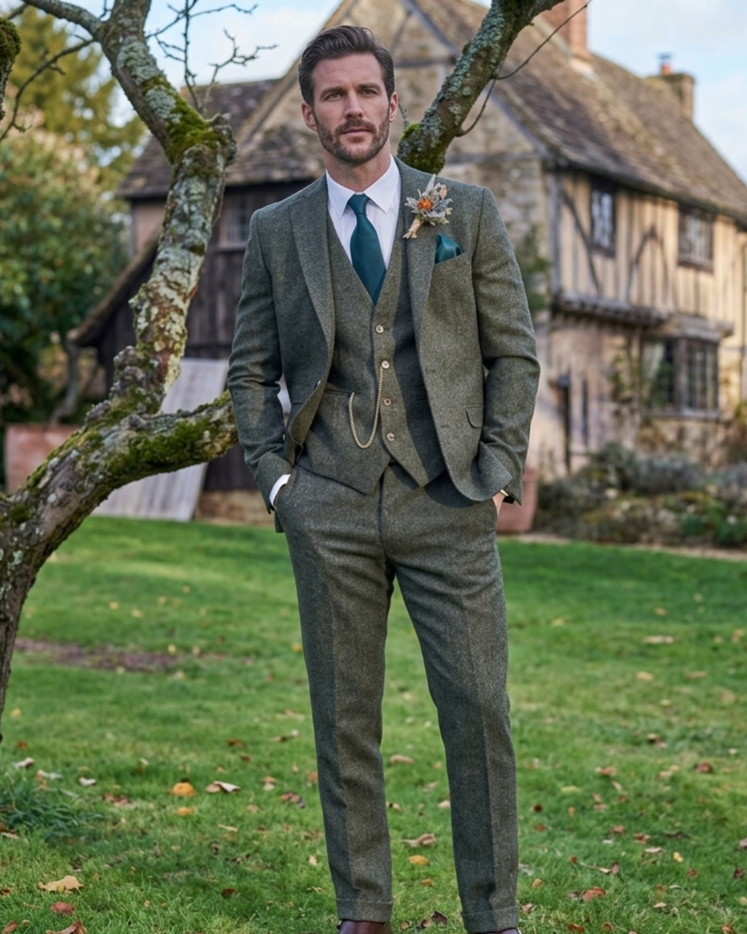 Charcoal Grey Tweed Wedding Suit, Luxury British Style Two Piece Groom Outfit
