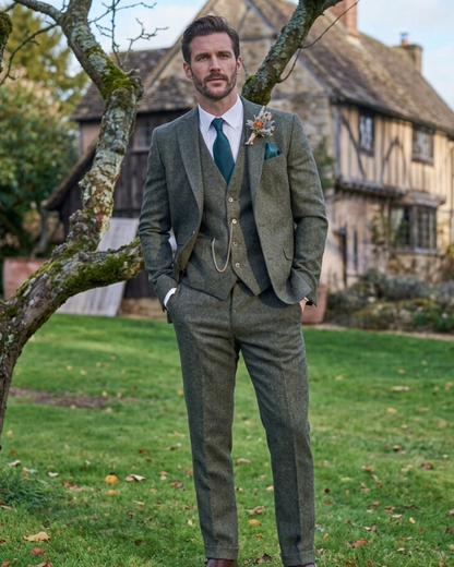 Charcoal Grey Tweed Wedding Suit, Luxury British Style Two Piece Groom Outfit