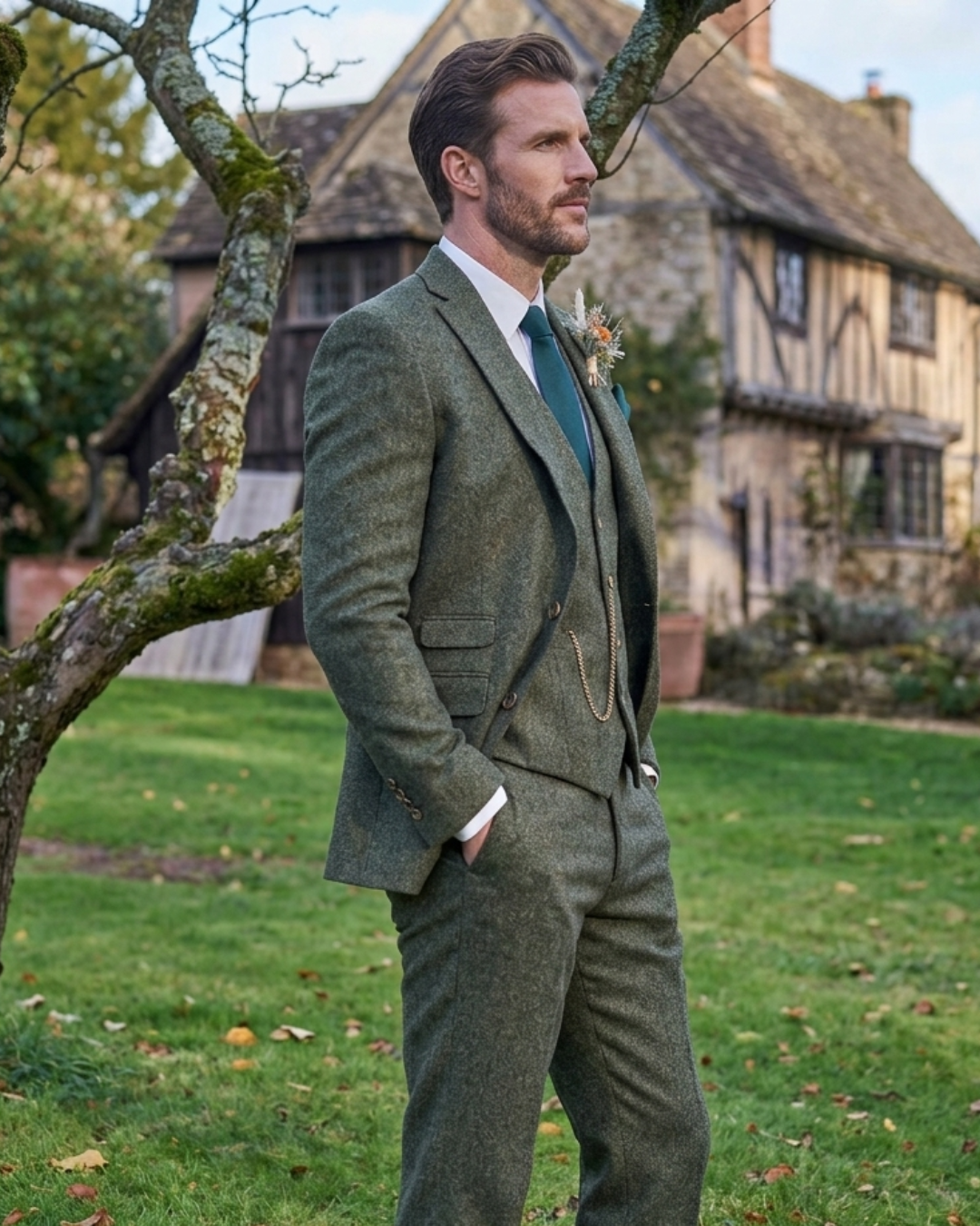Charcoal Grey Tweed Wedding Suit, Luxury British Style Two Piece Groom Outfit