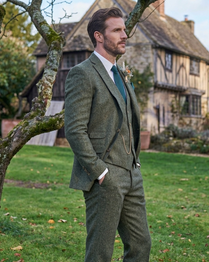 Charcoal Grey Tweed Wedding Suit, Luxury British Style Two Piece Groom Outfit