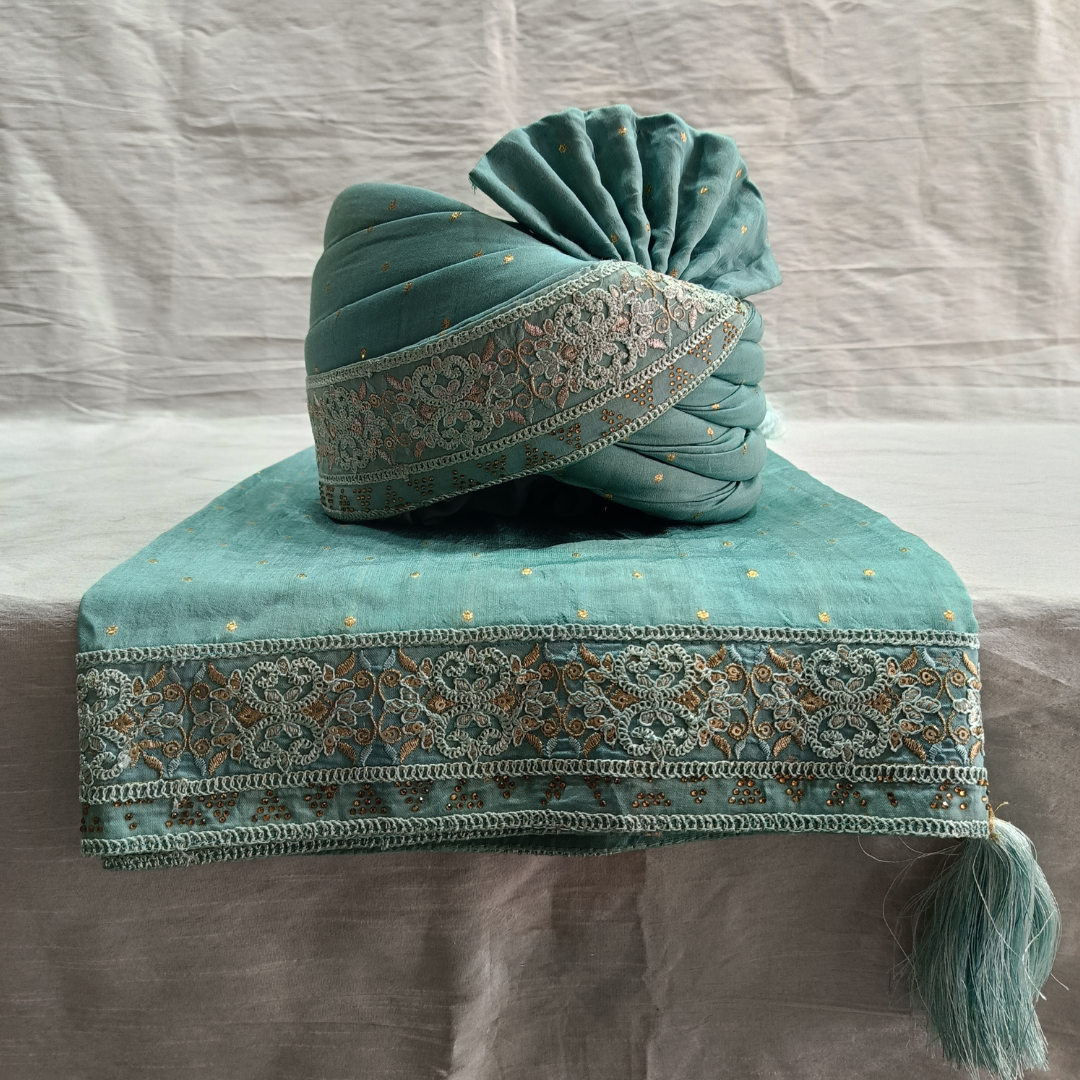Dusty Blue Wedding Turban Set for Men, Groom Safa with Shawl