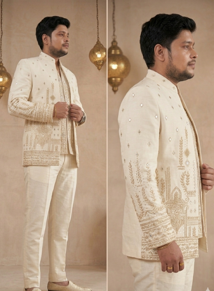 Ivory Premium Bandhgala Suit for Men, Indo Western Groom Wedding Jacket Set