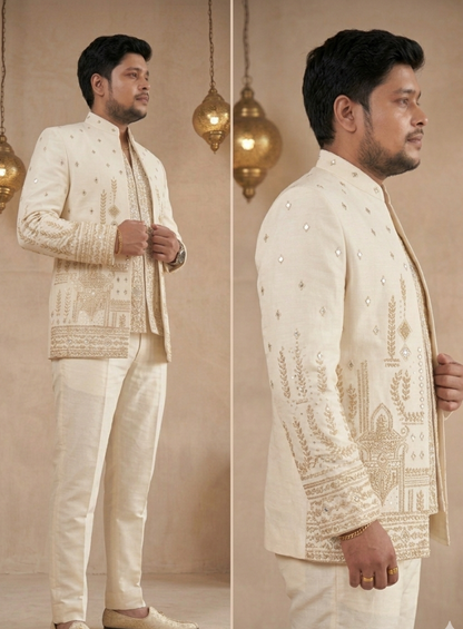 Ivory Premium Bandhgala Suit for Men, Indo Western Groom Wedding Jacket Set