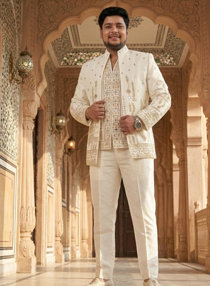 Ivory Premium Bandhgala Suit for Men, Indo Western Groom Wedding Jacket Set