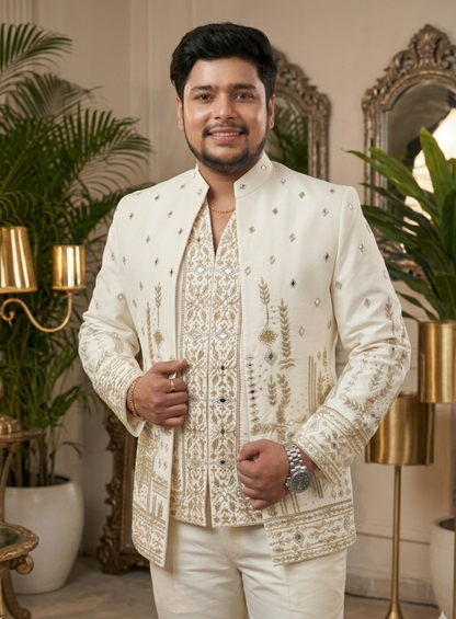 Ivory Premium Bandhgala Suit for Men, Indo Western Groom Wedding Jacket Set
