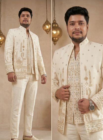Ivory Premium Bandhgala Suit for Men, Indo Western Groom Wedding Jacket Set
