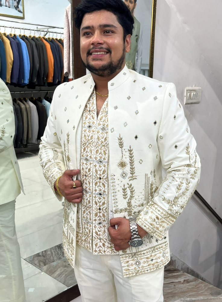 Ivory Premium Bandhgala Suit for Men, Indo Western Groom Wedding Jacket Set
