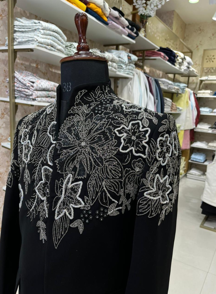 Black Luxury Embroidered Bandhgala Jacket for Men, Indo-Western Groom Outfit