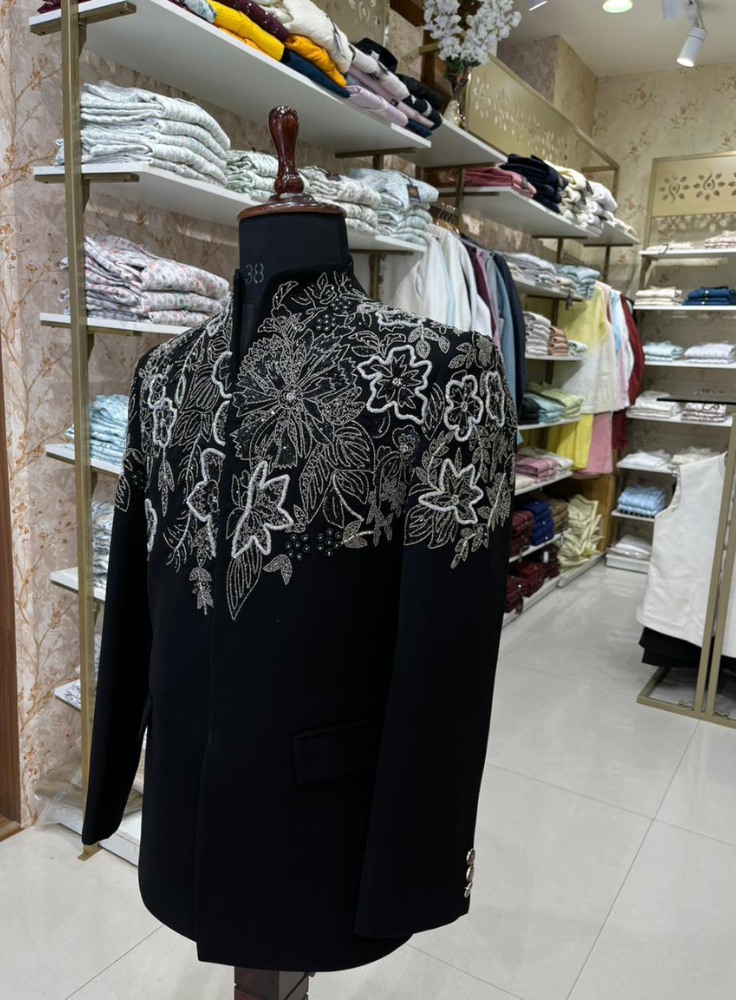 Black Luxury Embroidered Bandhgala Jacket for Men, Indo-Western Groom Outfit