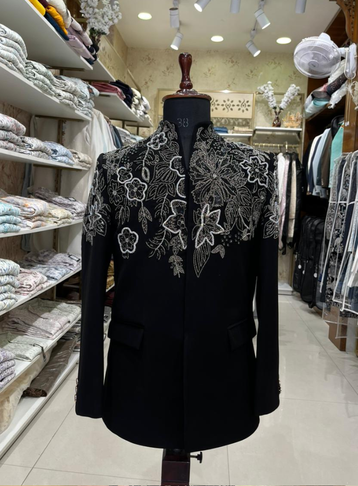 Black Luxury Embroidered Bandhgala Jacket for Men, Indo-Western Groom Outfit