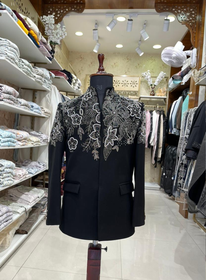 Black Luxury Embroidered Bandhgala Jacket for Men, Indo-Western Groom Outfit