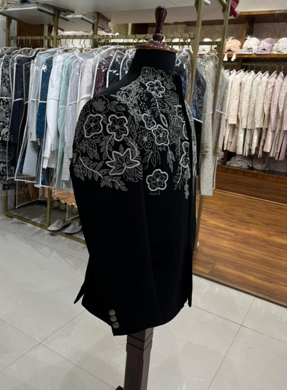 Black Luxury Embroidered Bandhgala Jacket for Men, Indo-Western Groom Outfit