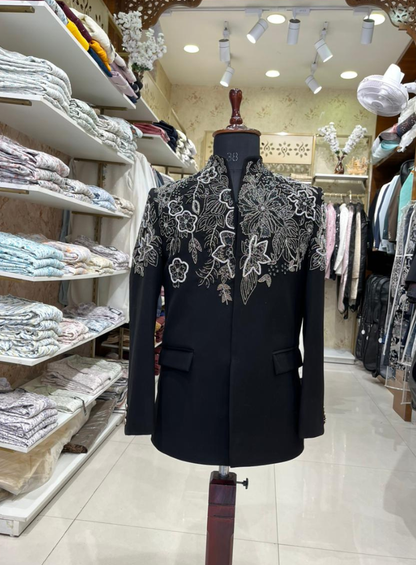 Black Luxury Embroidered Bandhgala Jacket for Men, Indo-Western Groom Outfit