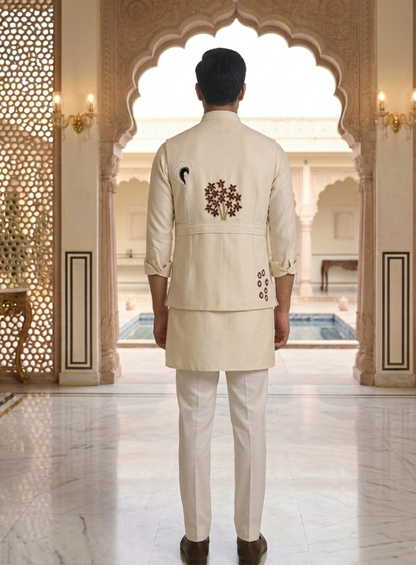 Ivory Artisan Nehru Jacket, Jacket Set for Wedding Groom