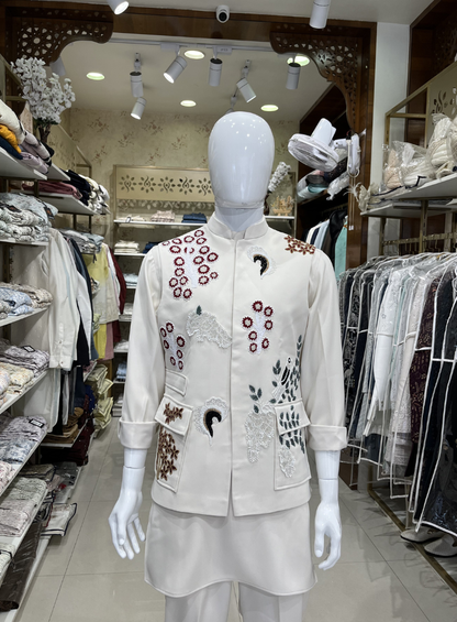 Ivory Artisan Nehru Jacket, Jacket Set for Wedding Groom
