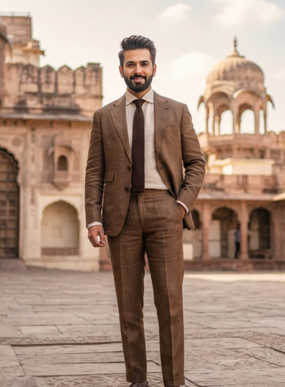 Men’s Brown Linen Three Piece Suit | Slim/Straight Fit Custom Tailored Suit