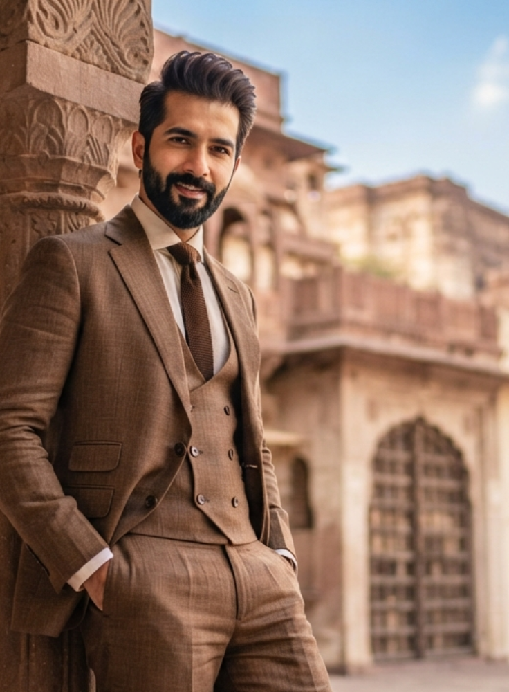 Men’s Brown Linen Three Piece Suit | Slim/Straight Fit Custom Tailored Suit