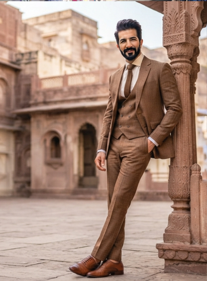 Men’s Brown Linen Three Piece Suit | Slim/Straight Fit Custom Tailored Suit