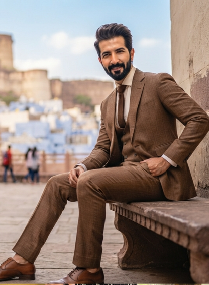 Men’s Brown Linen Three Piece Suit | Slim/Straight Fit Custom Tailored Suit