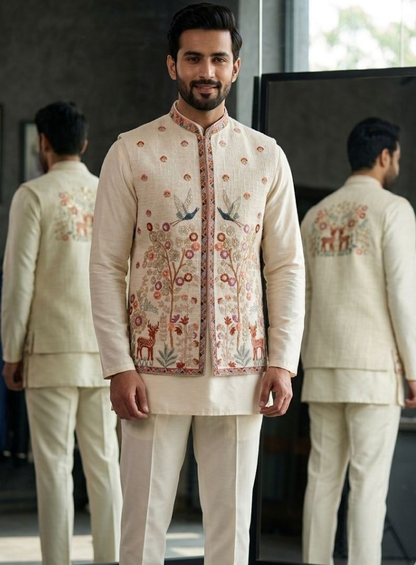 Hand Embroidered Khadi Jute Nehru Jacket Set for Men