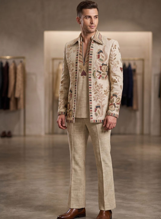 Hand Embroidered Beige Khadi Linen Indo Western Suit for Men