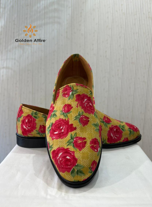 Mustard Yellow Floral Wedding Loafers, Handmade Mojari for Sherwani