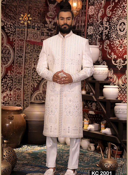 Ivory Luxury Groom Sherwani with Zardozi & Thread Embroidery