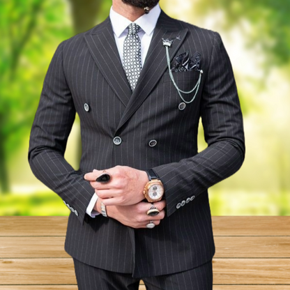 Stylish Black & White Pinstriped Double-Breasted Suits – Sophisticated & Modern Elegance