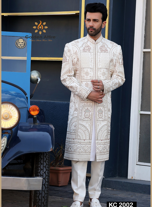 Cream Luxury Groom Sherwani, Zardozi & Thread Embroidered