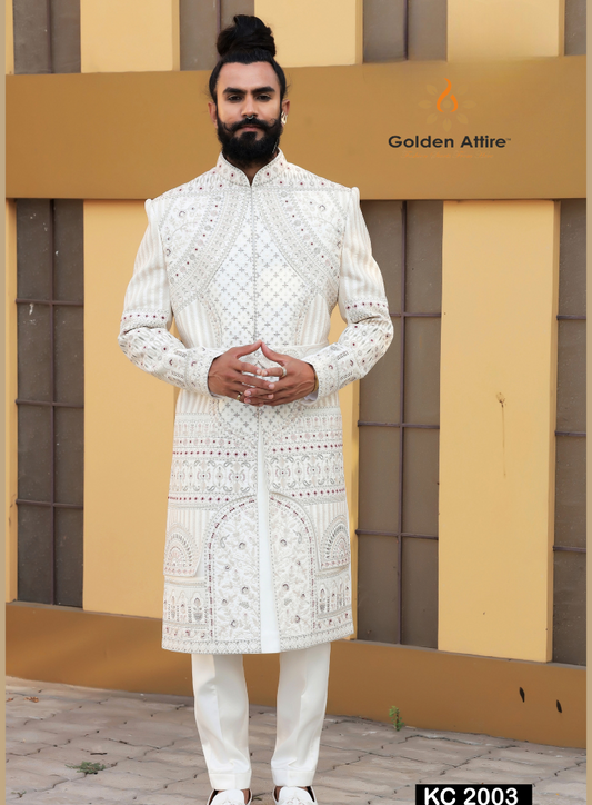 Smoke White Groom Sherwani, Customizable Indian Wedding Sherwani