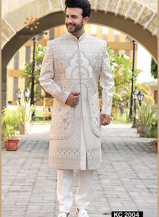 Royal Ivory Groom Sherwani | Double-Layered Shrug Design Sherwani
