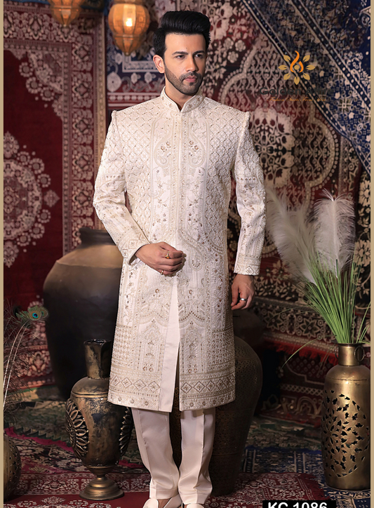Charming Pink Wedding Sherwani for Groom All Over Hand Embroidery