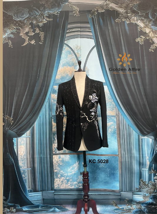Men's Black Custom Tuxedo Suit | Luxury Groom Dinner Suit | Zardozi Work