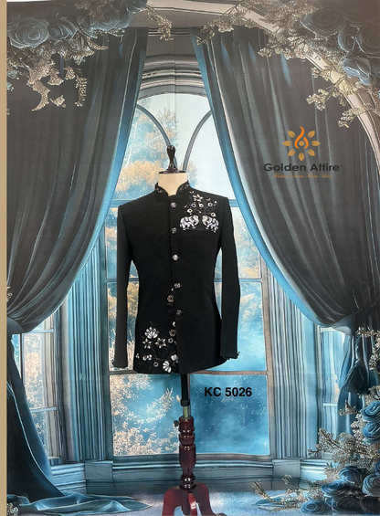 Premium Black Jodhpuri Groom Suit Armani Lachka Fabric Zardozi