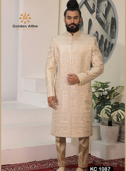 Beige Designer Groom Sherwani Luxury Wedding Wear All-Over Thread Embroidery
